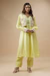 Buy_Label Deepshika Agarwal_Yellow Couture Silk Embroidery Thread Jacket Open Floral Pant Set _at_Aza_Fashions