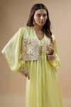 Buy_Label Deepshika Agarwal_Yellow Couture Silk Embroidery Thread Jacket Open Floral Pant Set _Online_at_Aza_Fashions