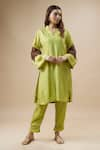 Buy_Label Deepshika Agarwal_Green Couture Silk Embroidery Thread V Neck Floral Sleeve Kurta And Pant Set _at_Aza_Fashions