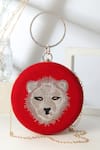 Buy_House of Webhin_Red Zardosi Tiger Motif Embroidered Round Clutch Bag _at_Aza_Fashions