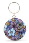 House of Webhin_Blue Printed Floral Embroidered Round Clutch _Online_at_Aza_Fashions