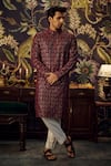 Buy_Kasbah_Maroon Silk Embroidered Chikankari Kurta _at_Aza_Fashions