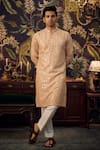 Buy_Kasbah_Coral Silk Embroidered Mirror Work Kurta _at_Aza_Fashions