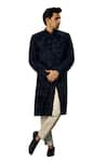 Kasbah_Blue Velvet Embroidered Cutdana Sherwani _Online_at_Aza_Fashions