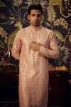 Shop_Kasbah_Peach Silk Embroidered Mirror And Thread Kurta _Online_at_Aza_Fashions