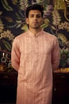 Shop_Kasbah_Peach Georgette Embroidered Thread Chikankari On Kurta _at_Aza_Fashions