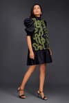 Deepika Arora_Black Cotton High Neck Contrasting Pleated Frill Dress _at_Aza_Fashions