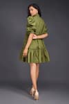 Shop_Deepika Arora_Green Cotton High Neck Buttoned Pleated Frill Dress _at_Aza_Fashions