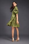 Shop_Deepika Arora_Green Cotton High Neck Buttoned Pleated Frill Dress _Online_at_Aza_Fashions