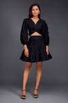 Buy_Deepika Arora_Black Cotton V-neck Pleated Frill Top With Skirt _at_Aza_Fashions