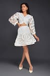 Buy_Deepika Arora_White Cotton V-neck Pleated Frill Top And Skirt Set _at_Aza_Fashions