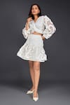 Shop_Deepika Arora_White Cotton V-neck Pleated Frill Top And Skirt Set _Online_at_Aza_Fashions