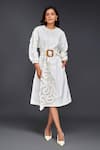 Buy_Deepika Arora_White Cotton Round Tonal Pleated Frill Dress And Belt Set _at_Aza_Fashions