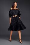 Buy_Deepika Arora_Black Cotton Off Shoulder Tonal Frill Cut Out Dress _at_Aza_Fashions