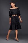 Deepika Arora_Black Cotton Off Shoulder Tonal Frill Cut Out Dress _at_Aza_Fashions