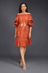 Buy_Deepika Arora_Orange Cotton Off Shoulder Tonal Pleated Frill Dress _at_Aza_Fashions