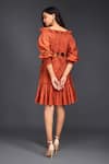 Shop_Deepika Arora_Orange Cotton Off Shoulder Tonal Pleated Frill Dress _at_Aza_Fashions