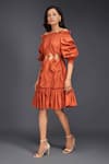 Buy_Deepika Arora_Orange Cotton Off Shoulder Tonal Pleated Frill Dress _Online_at_Aza_Fashions