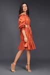 Shop_Deepika Arora_Orange Cotton Off Shoulder Tonal Pleated Frill Dress _Online_at_Aza_Fashions