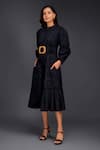 Deepika Arora_Black Cotton Round Tonal Pleated Frill Shirt Dress _Online_at_Aza_Fashions