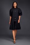 Buy_Deepika Arora_Black Cotton Closed Round Pleated Frill A-line Dress _at_Aza_Fashions