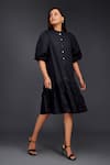 Shop_Deepika Arora_Black Cotton Closed Round Pleated Frill A-line Dress _Online_at_Aza_Fashions