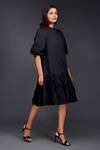 Deepika Arora_Black Cotton Closed Round Pleated Frill A-line Dress _at_Aza_Fashions