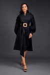 Buy_Deepika Arora_Black Cotton High Neck Placement Pleated Frill Dress _at_Aza_Fashions