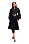 Deepika Arora_Black Cotton High Neck Placement Pleated Frill Dress _Online_at_Aza_Fashions