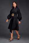 Shop_Deepika Arora_Black Cotton High Neck Placement Pleated Frill Dress _Online_at_Aza_Fashions