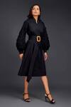 Buy_Deepika Arora_Black Cotton High Neck Placement Pleated Frill Dress 