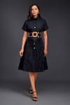 Buy_Deepika Arora_Black Cotton Turtle Pleated Frill A-line Button Down Dress _at_Aza_Fashions