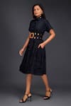 Shop_Deepika Arora_Black Cotton Turtle Pleated Frill A-line Button Down Dress _Online_at_Aza_Fashions