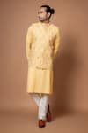 Buy_Priyanka Haralalka_Yellow Ruby Cotton/cotton Silk Embroidered Floral Zardozi Bundi And Kurta Set _at_Aza_Fashions