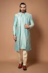 Buy_Priyanka Haralalka_Blue Silk/cotton Silk Embroidered Floral Zardozi Sherwani And Kurta Set _at_Aza_Fashions