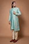 Shop_Priyanka Haralalka_Blue Silk/cotton Silk Embroidered Floral Zardozi Sherwani And Kurta Set 