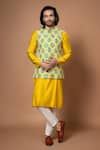 Buy_Priyanka Haralalka_Yellow Roman Silk Hand Embroidered Zardosi Kurta Set With Bundi _at_Aza_Fashions