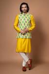 Buy_Priyanka Haralalka_Yellow Cotton, Silk, Crepe Embroidery Leaf Printed Zardosi Bundi _at_Aza_Fashions