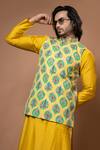 Priyanka Haralalka_Yellow Cotton, Silk, Crepe Embroidery Leaf Printed Zardosi Bundi _Online_at_Aza_Fashions