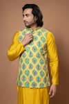 Buy_Priyanka Haralalka_Yellow Cotton, Silk, Crepe Embroidery Leaf Printed Zardosi Bundi _Online_at_Aza_Fashions