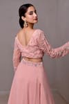 Dajwaree_Peach Organza Embroidered Cutdana V-neck Tiffany Layered Lehenga Set _Online_at_Aza_Fashions