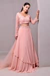 Buy_Dajwaree_Peach Organza Embroidered Cutdana V-neck Tiffany Layered Lehenga Set _Online_at_Aza_Fashions