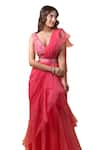 Buy_Dajwaree_Pink Organza Embroidered Cutdana V-neck Beatrice Pre-draped Ruffle Saree Set _Online_at_Aza_Fashions