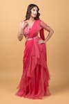 Shop_Dajwaree_Pink Organza Embroidered Cutdana V-neck Beatrice Pre-draped Ruffle Saree Set _Online_at_Aza_Fashions