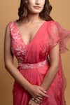 Buy_Dajwaree_Pink Organza Embroidered Cutdana V-neck Beatrice Pre-draped Ruffle Saree Set 