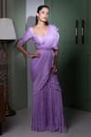 Buy_Dajwaree_Purple Chinnon Crepe Embroidered Cutdana Scoop Plain Pre-draped Gathered Saree _at_Aza_Fashions