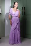 Dajwaree_Purple Chinnon Crepe Embroidered Cutdana Scoop Plain Pre-draped Gathered Saree _Online_at_Aza_Fashions