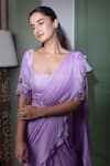 Shop_Dajwaree_Purple Chinnon Crepe Embroidered Cutdana Scoop Plain Pre-draped Gathered Saree _Online_at_Aza_Fashions