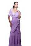 Dajwaree_Purple Chinnon Crepe Embroidered Cutdana Scoop Plain Pre-draped Gathered Saree _at_Aza_Fashions