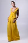 Shop_Dajwaree_Yellow Organza Embroidered Thread V-neck Daisy Top With Pant _at_Aza_Fashions